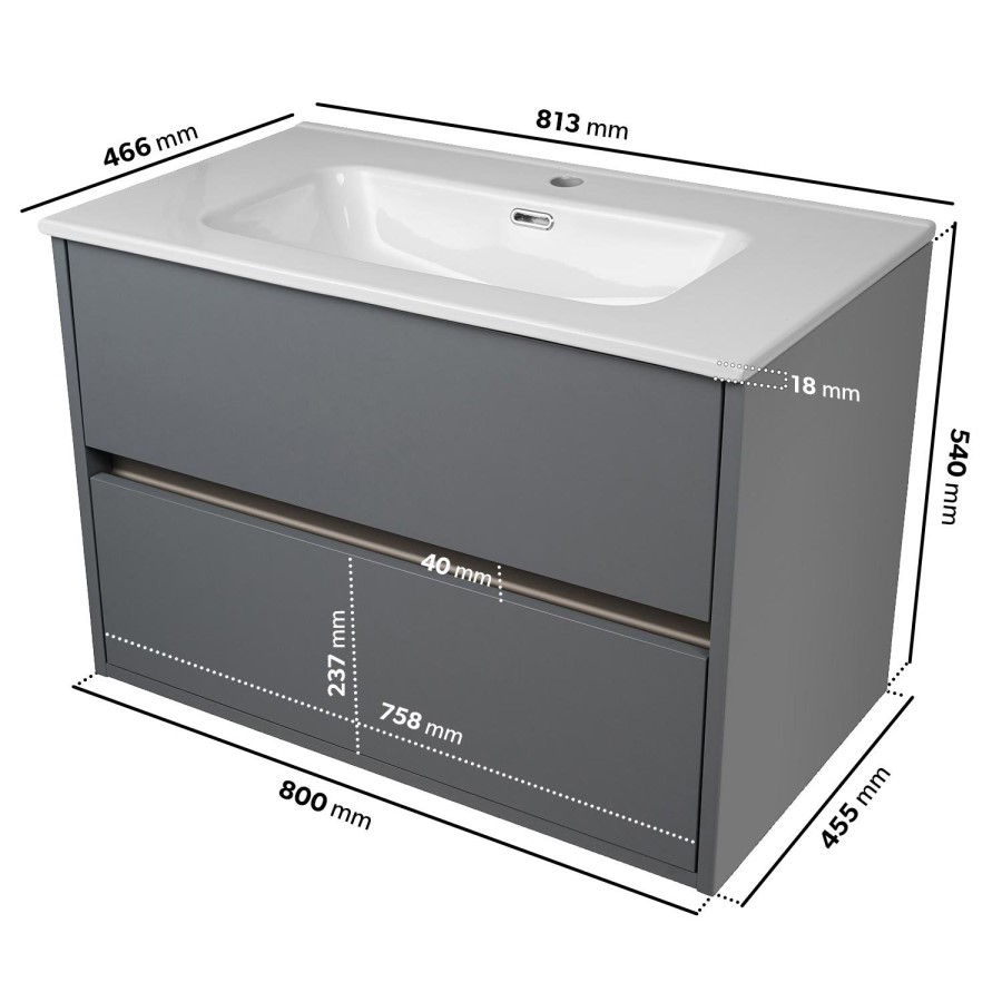 Grade A2 - 800mm Grey Wall Hung Vanity Unit with Basin - Roxbi