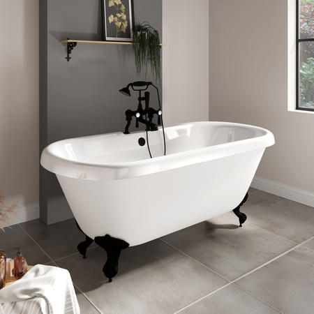 Paintable Freestanding Double Ended Roll Top Bath with Black Feet 1515 x 740mm - Park Royal