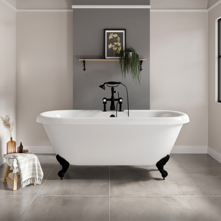 Paintable Freestanding Double Ended Roll Top Bath with Black Feet 1515 x 740mm - Park Royal