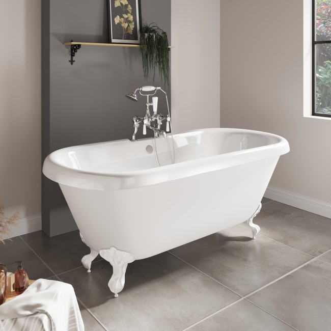 Paintable Freestanding Double Ended Roll Top Bath with White Feet 1515 x 740mm - Park Royal