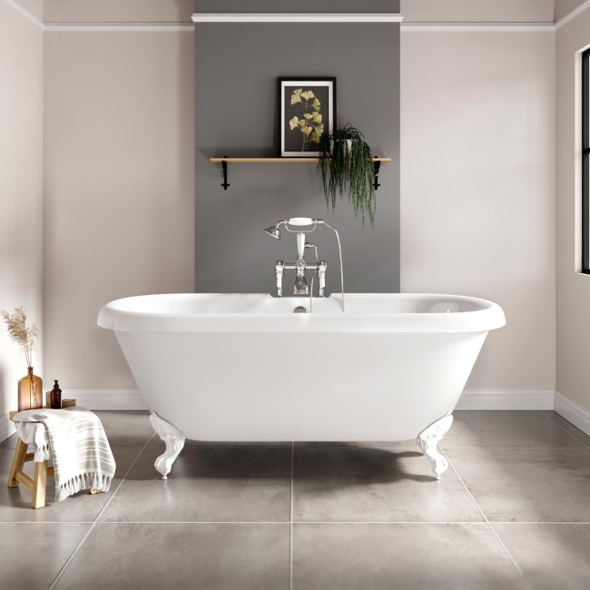 Paintable Freestanding Double Ended Roll Top Bath with White Feet 1515 x 740mm - Park Royal