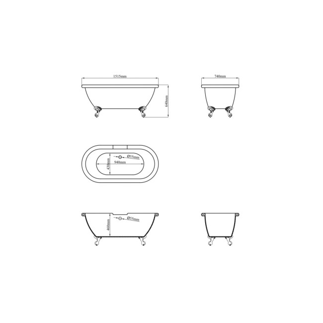 Paintable Freestanding Double Ended Roll Top Bath with White Feet 1515 x 740mm - Park Royal