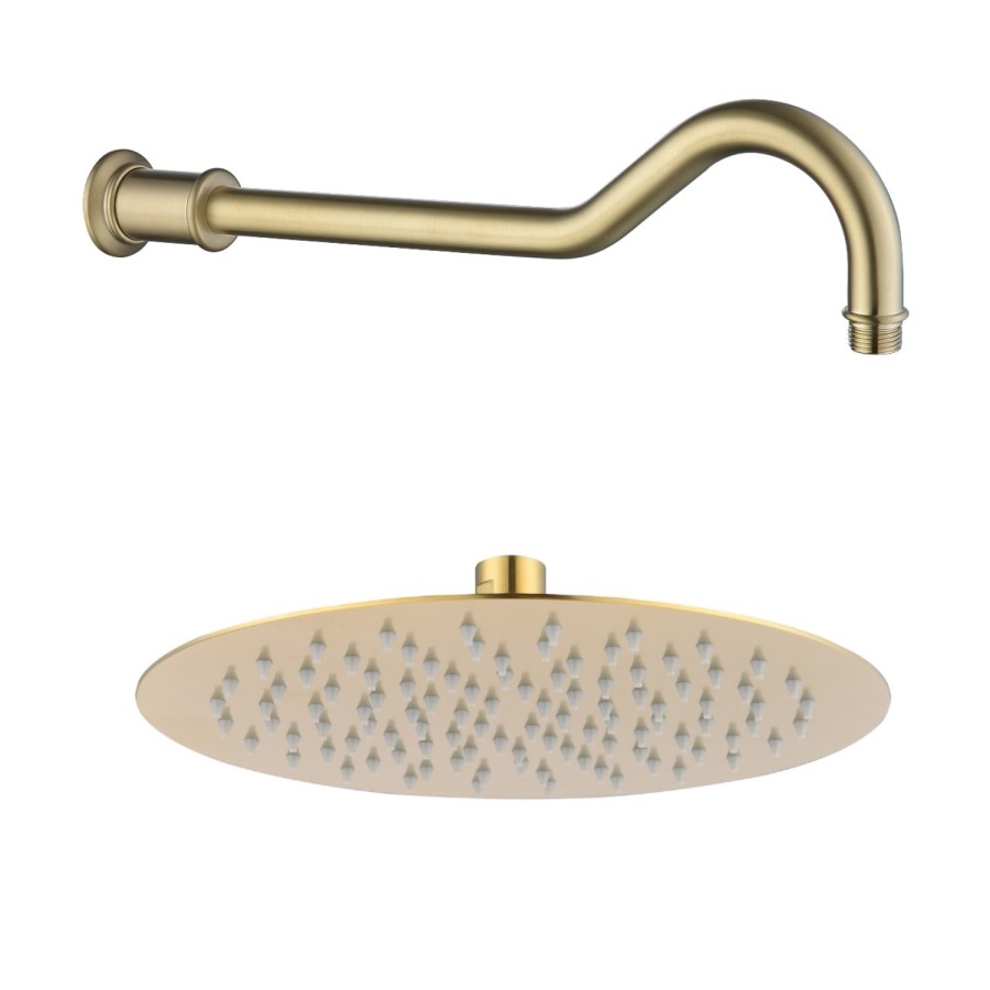 Grade A2 - 250mm Brushed Brass Shower Head with Wall Arm