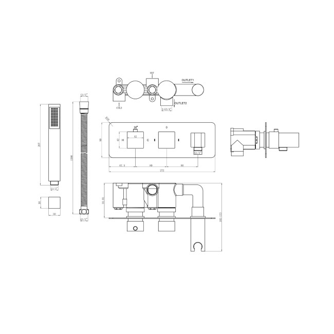 Chrome Dual Outlet Wall Mounted Thermostatic Mixer Shower Set with Hand Shower - Cube