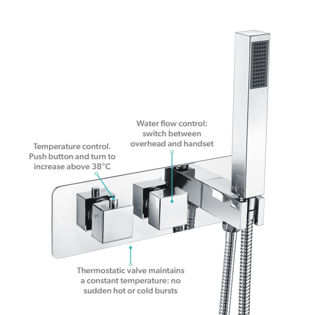 Chrome Dual Outlet Wall Mounted Thermostatic Mixer Shower Set with Hand Shower - Cube