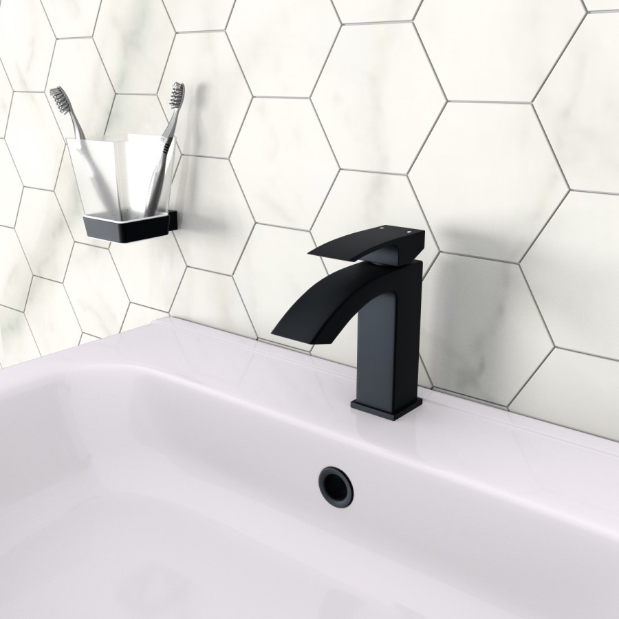 Grade A1 - Matt Black Waterfall Freestanding Tap & Basin Tap Pack - Wave