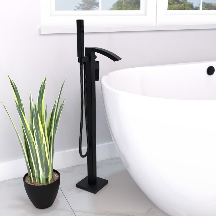 Matt Black Waterfall Freestanding Tap & Basin Tap Pack - Wave