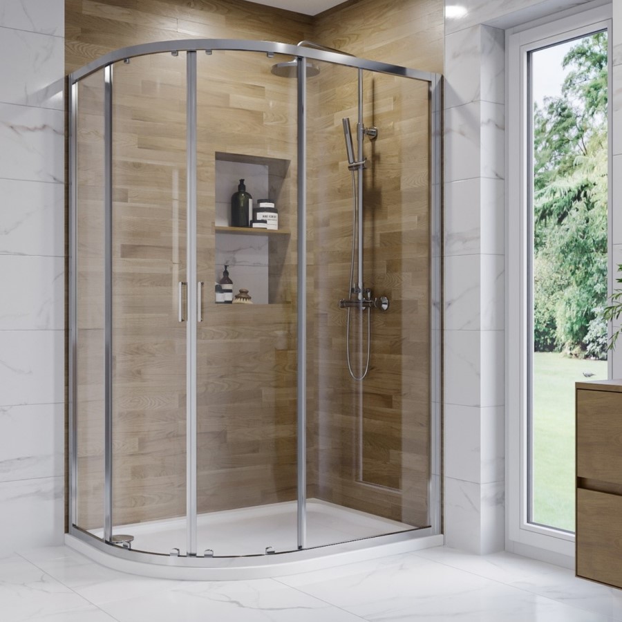 Chrome 6mm Glass Left Hand Offset Quadrant Shower Enclosure with Shower Tray 900x760mm - Carina