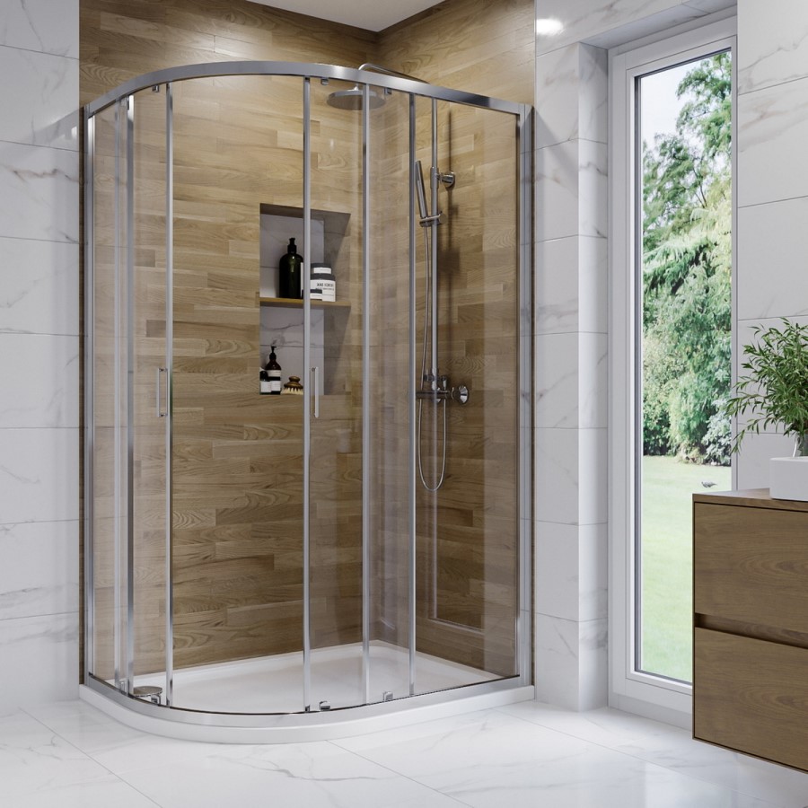 Chrome 6mm Glass Left Hand Offset Quadrant Shower Enclosure with Shower Tray 900x760mm - Carina