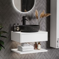 600mm White Wall Hung Countertop Vanity Unit with Black Marble Effect Basin and Shelves - Lugo