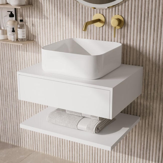 600mm White Wall Hung Countertop Vanity Unit with White Square Basin and Shelves - Lugo