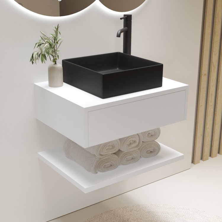 600mm White Wall Hung Countertop Vanity Unit with Black Square Basin and Shelf - Lugo