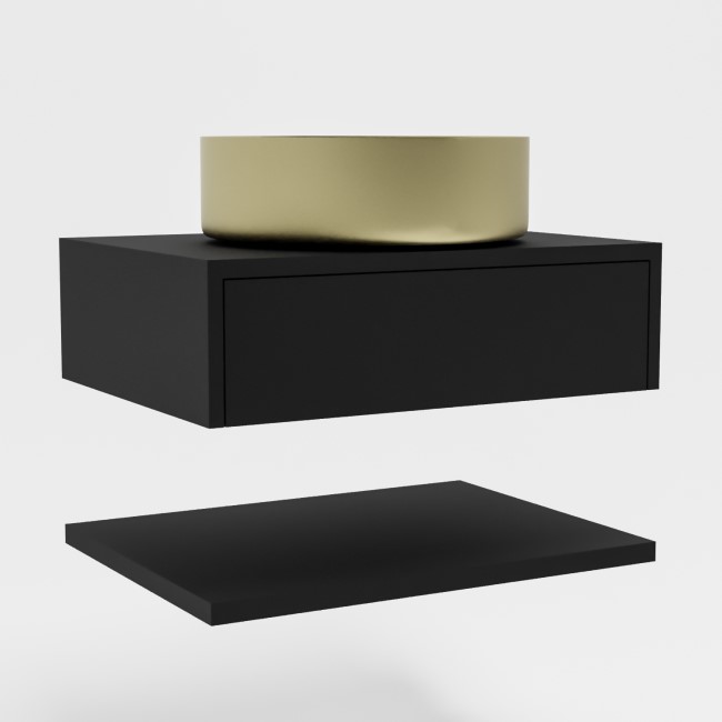 600mm Black Wall Hung Countertop Vanity Unit with  Brass Basin and Shelves - Lugo