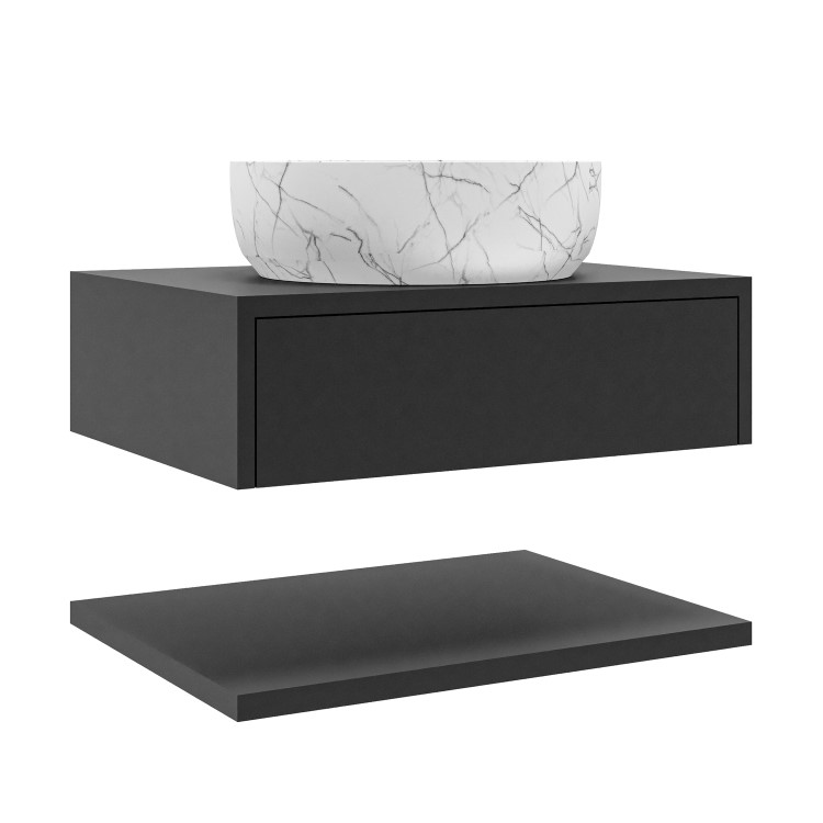 600mm Black Wall Hung Countertop Vanity Unit with White Marble Effect Basin and Shelves - Lugo