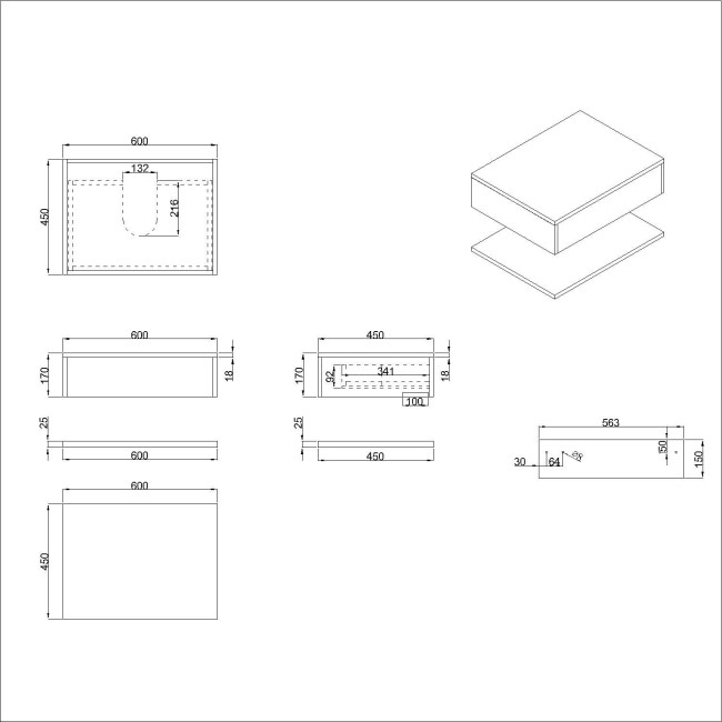 600mm White Wall Hung Countertop Shelves - Lugo