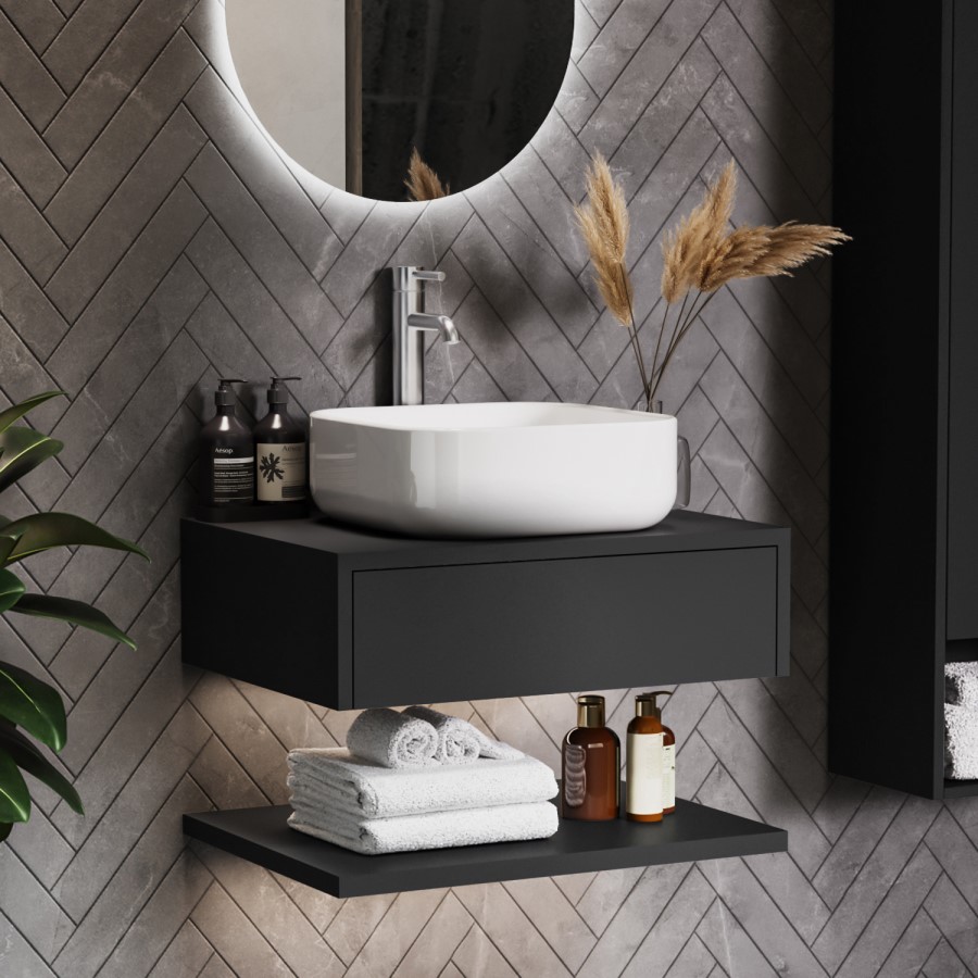 Grade A1 - 600mm Black Wall Hung Countertop Vanity Unit with Square Basin and Shelves - Lugo