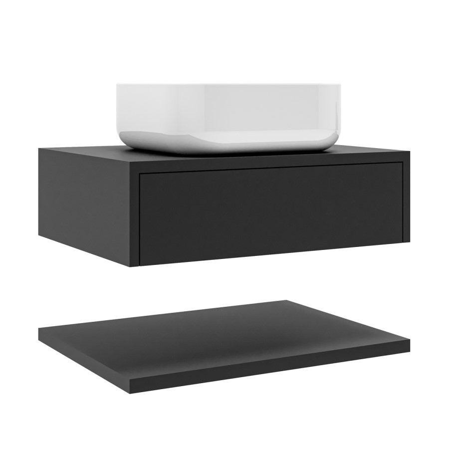 Grade A1 - 600mm Black Wall Hung Countertop Vanity Unit with Square Basin and Shelves - Lugo