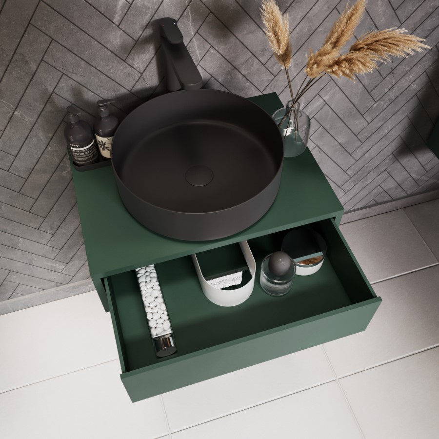 600mm Green Wall Hung Countertop Vanity Unit with Black Basin and Shelf - Lugo