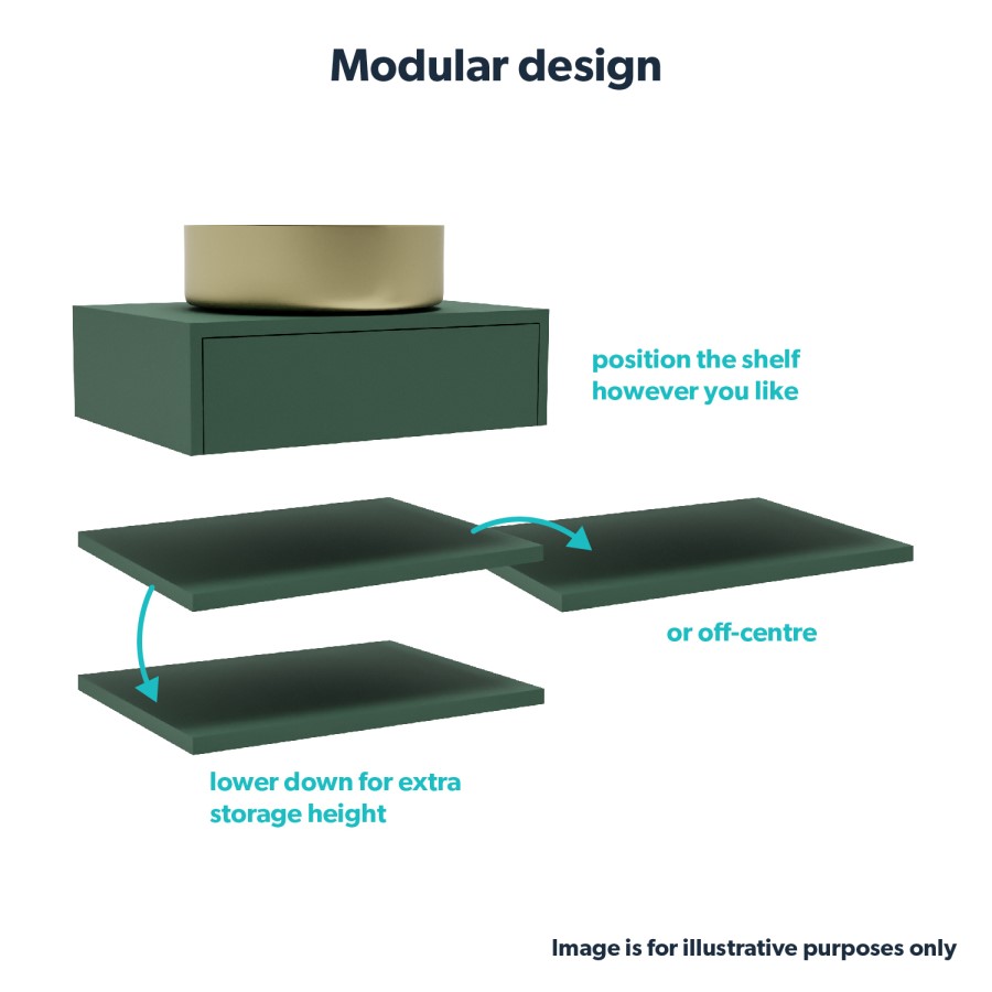 600mm Green Wall Hung Countertop Vanity Unit with Black Basin and Shelf - Lugo