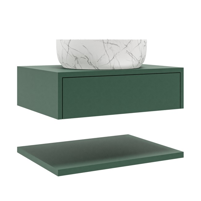 Grade A1 - 600mm Green Wall Hung Countertop Vanity Unit with White Marble Effect Basin and Shelves - Lugo