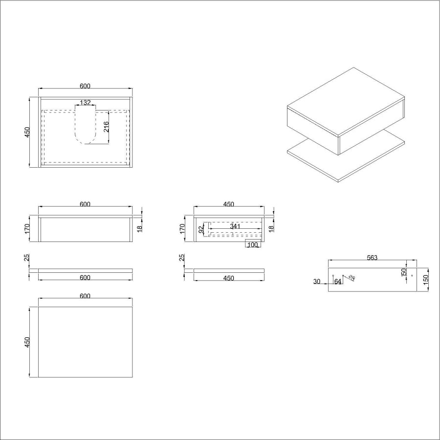 Grade A1 - 600mm Black Wall Hung Countertop Vanity Unit with Square Basin and Shelves - Lugo