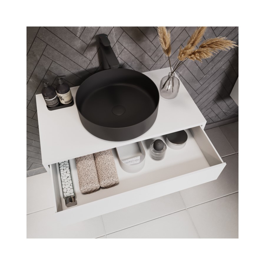 Grade A2 - 800mm White Wall Hung Countertop Vanity Unit with Black Basin and Shelf - Lugo 