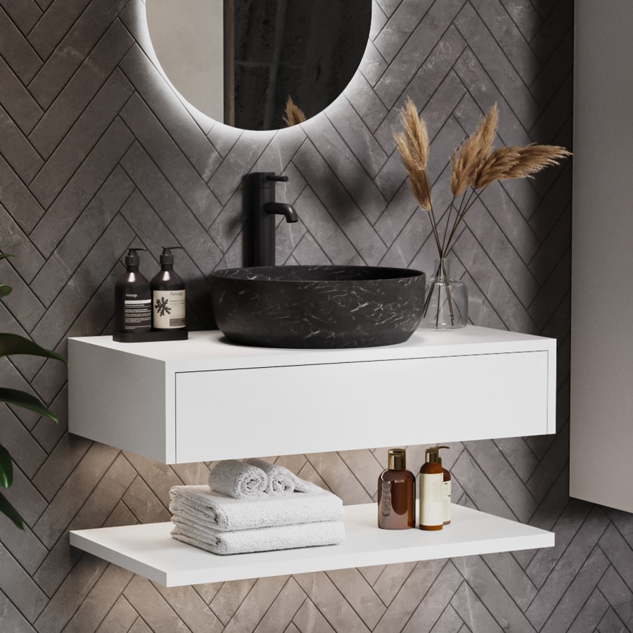 Grade A1 - 800mm White Wall Hung Countertop Vanity Unit with Black Marble Effect Basin and Shelves - Lugo