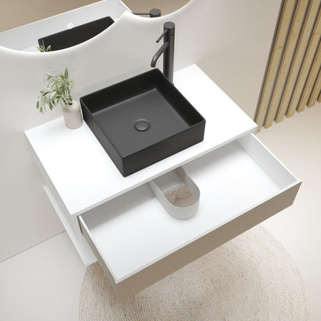 800mm White Wall Hung Countertop Vanity Unit with Black Square Basin and Shelf – Lugo