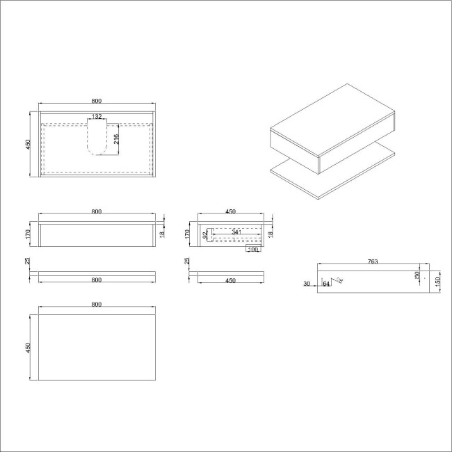 800mm Black Wall Hung Countertop Vanity Unit with Brass Basin and Shelves - Lugo