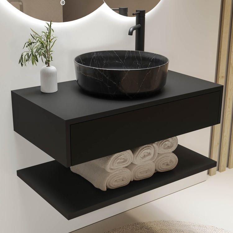 Grade A1 - 800mm Black Wall Hung Countertop Vanity Unit with Black Marble Effect Basin and Shelves - Lugo