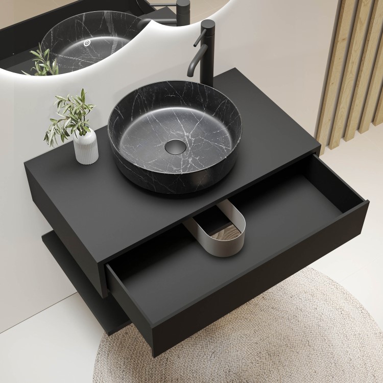 Grade A1 - 800mm Black Wall Hung Countertop Vanity Unit with Black Marble Effect Basin and Shelves - Lugo