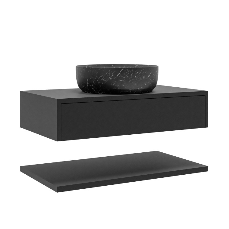 Grade A1 - 800mm Black Wall Hung Countertop Vanity Unit with Black Marble Effect Basin and Shelves - Lugo