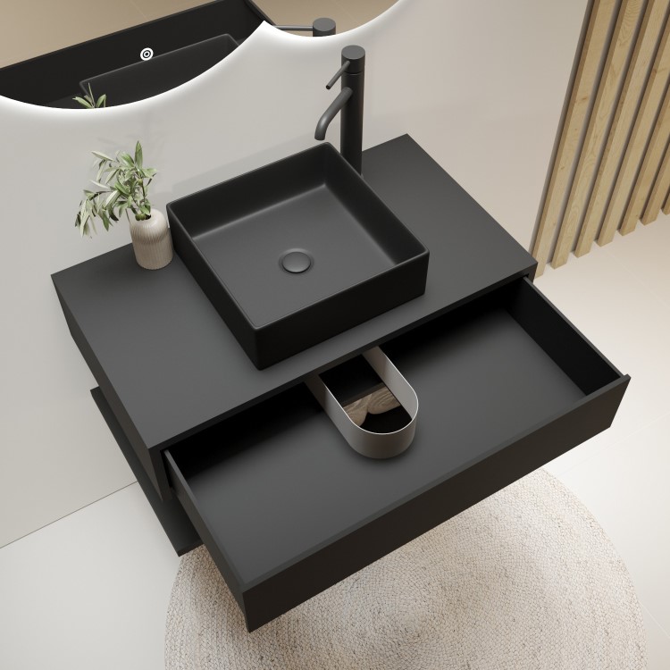 800mm Black Wall Hung Countertop Vanity Unit with Black Square Basin and Shelves – Lugo