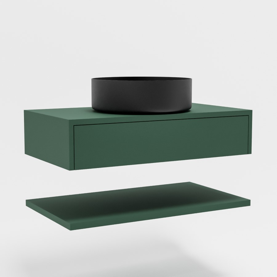 800mm Green Wall Hung Countertop Vanity Unit with Black Basin and Shelf - Lugo 