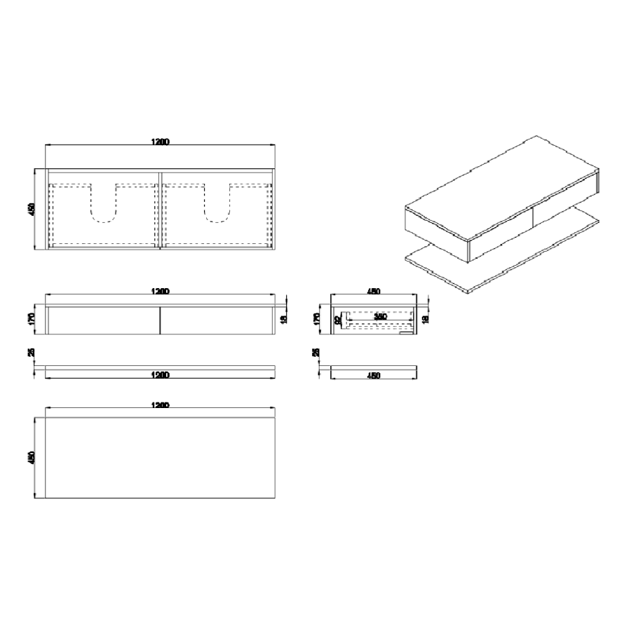 1200mm White Wall Hung Double Countertop Vanity Unit with Black Marble Effect Basins and Shelves - Lugo