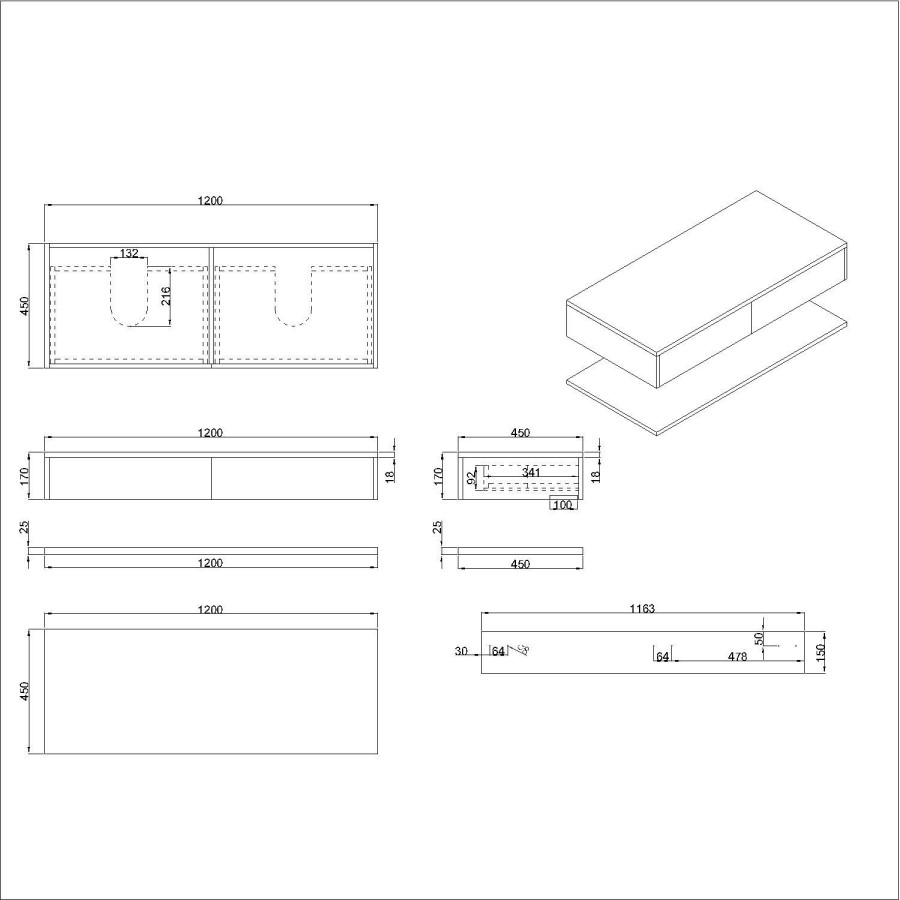 GRADE A1 - 1200mm Oak Wall Hung Countertop Shelves - Lugo