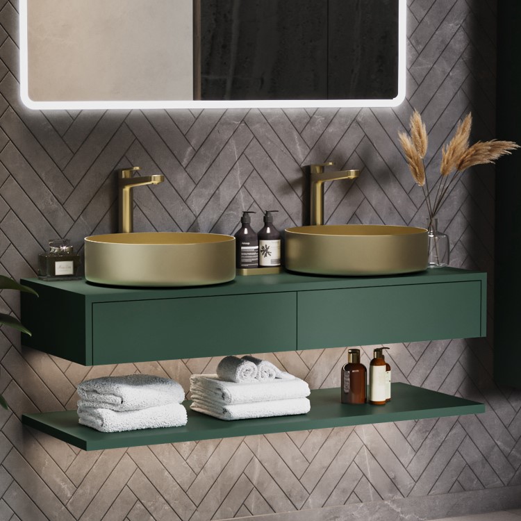 1200mm Green Wall Hung Double Countertop Vanity Unit with Brass Basins and Shelves - Lugo