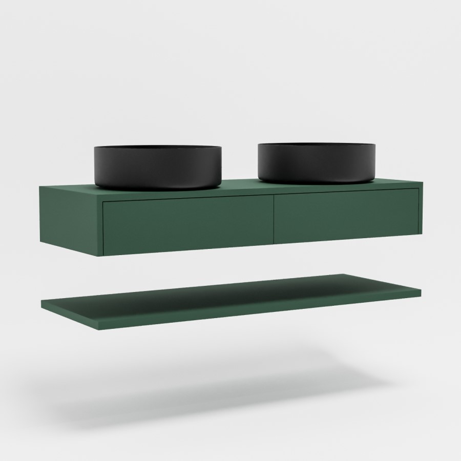 1200mm Green Wall Hung Double Countertop Vanity Unit with Black Basins and Shelf - Lugo