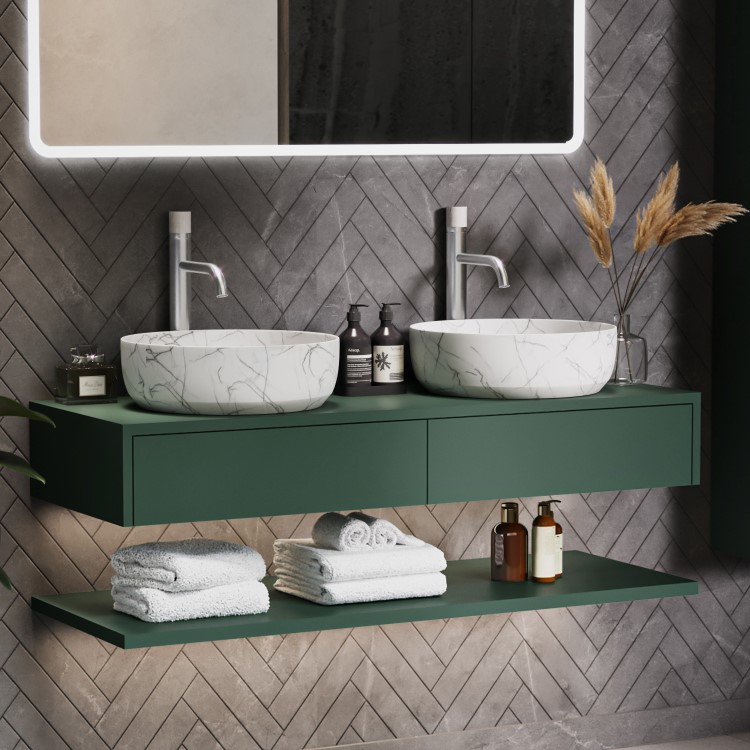 1200mm Green Wall Hung Double Countertop Vanity Unit with White Marble Effect Basins and Shelves - Lugo