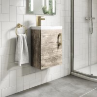 400mm Wood Effect Cloakroom Wall Hung Door Vanity Unit with Basin and Brass Handle - Ashford