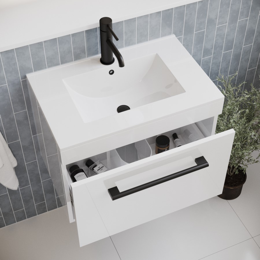 Grade A1 - 600 mm White Wall Hung Vanity Unit with Basin and Black Handle - Ashford