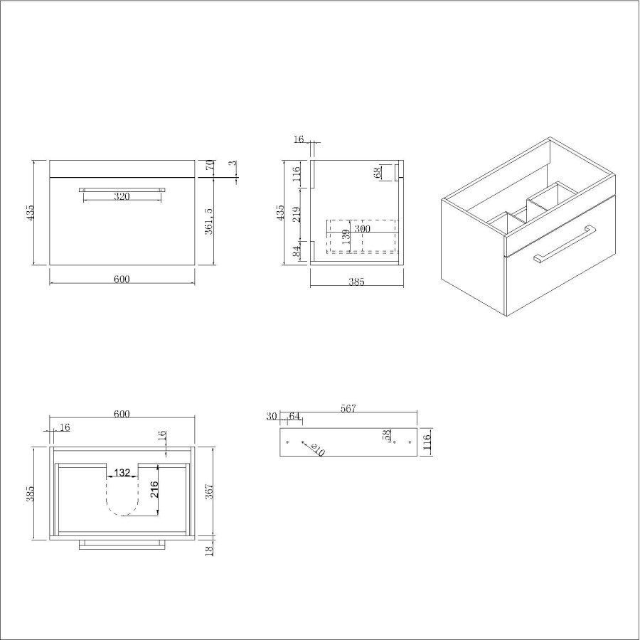 Grade A1 - 600 mm White Wall Hung Vanity Unit with Basin and Black Handle - Ashford