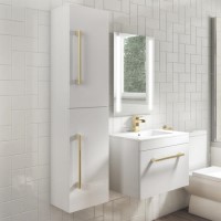 Grade A2 - Double Door White Wall Hung Tall Bathroom Cabinet with Brushed Brass Handles 350 x 1400mm - Ashford