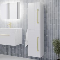 Double Door White Wall Hung Tall Bathroom Cabinet with Brushed Brass Handles 350 x 1400mm - Ashford