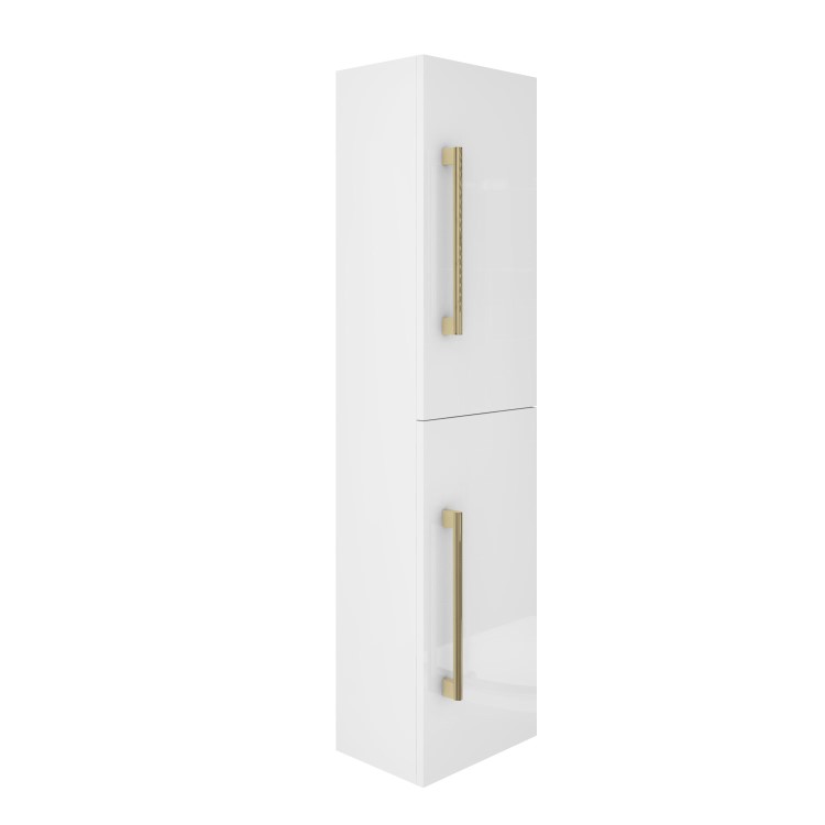 Grade A2 - Double Door White Wall Hung Tall Bathroom Cabinet with Brushed Brass Handles 350 x 1400mm - Ashford