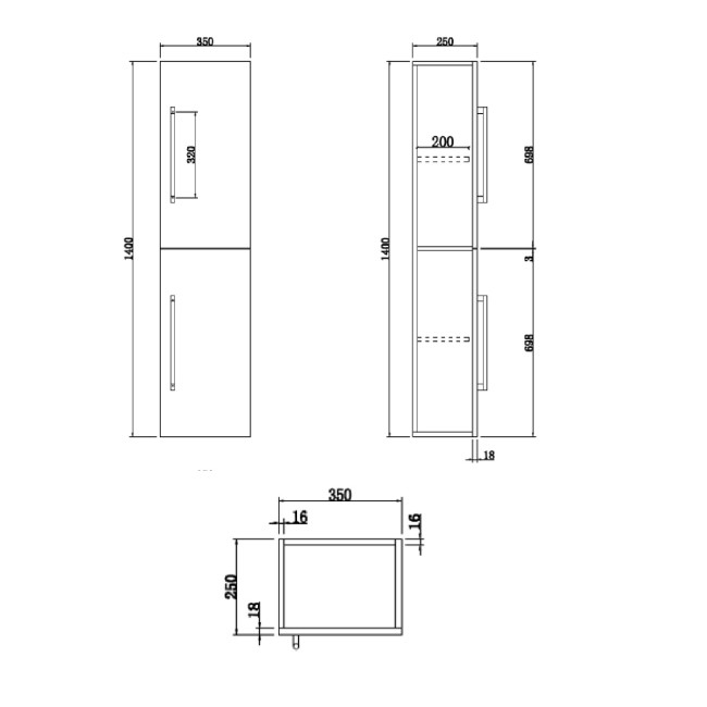 Double Door White  Wall Hung Tall Bathroom Cabinet with Black Handles 350 1400mm- Ashford