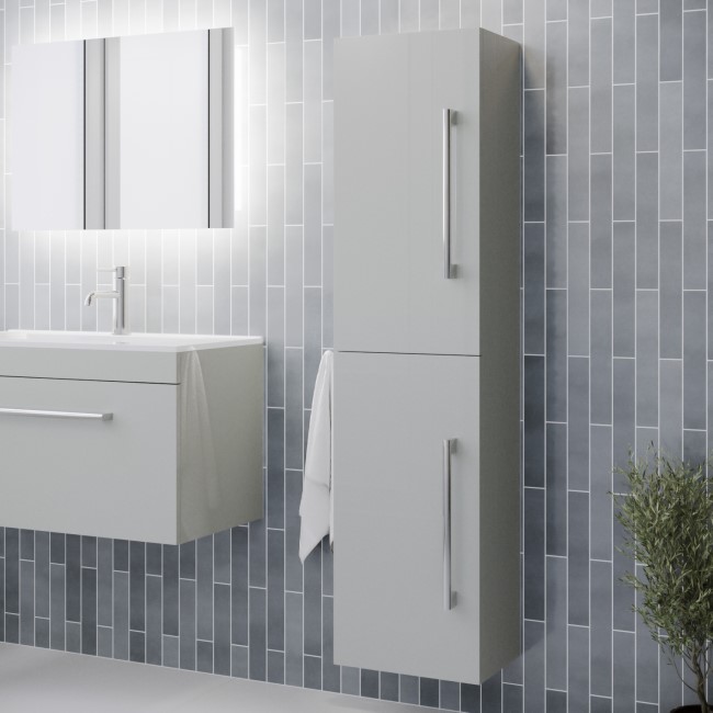 Double Door Grey Wall Hung Tall Bathroom Cabinet with Chrome Handles 350 x 1400mm - Ashford