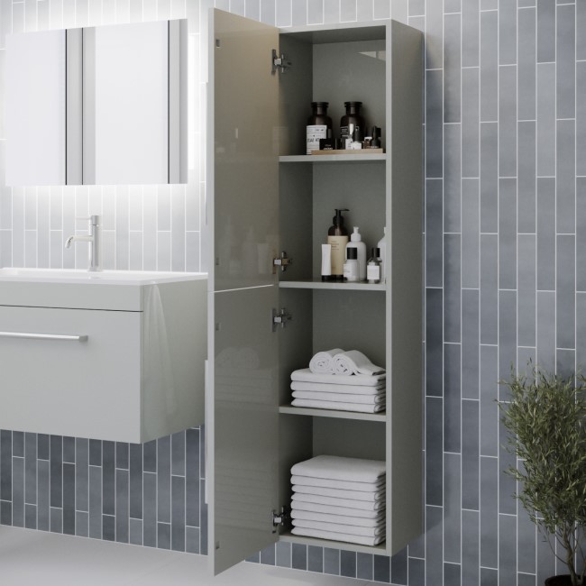 Double Door Grey Wall Hung Tall Bathroom Cabinet with Chrome Handles 350 x 1400mm - Ashford