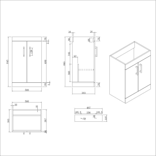 500mm White Freestanding Vanity Unit with Basin and Black Handles - Ashford