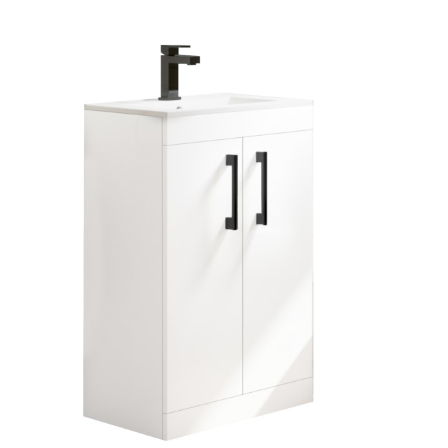 600mm White Freestanding Vanity Unit with Basin and Black Handle - Ashford